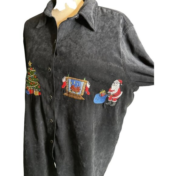 Bill Blass Christmas Shirt Button Up Santa Black Velveteen Fireplace Patches 1X - Picture 3 of 7